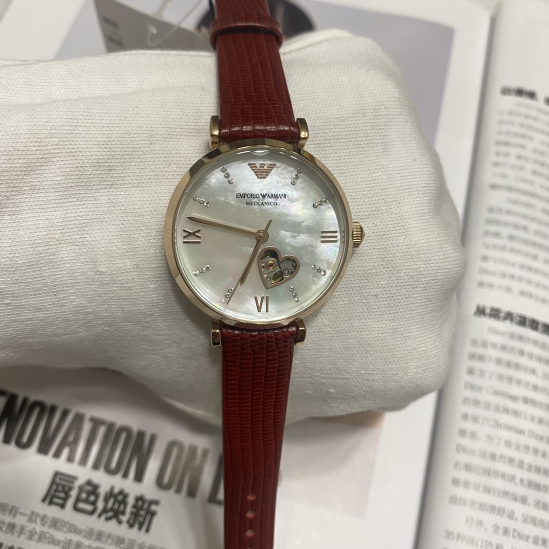 AR60048 (Emporio Armani)手表,时尚酒红色皮革表带欧美表机械机芯女士腕表;太阳放射纹